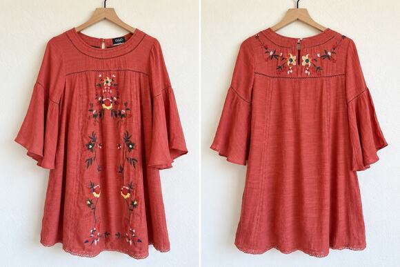 GiGiO USA Dresses & Skirts - GIGIO USA Women’s S Embroidered Dress Rust Bell Sleeve Boho Floral Cottagecore